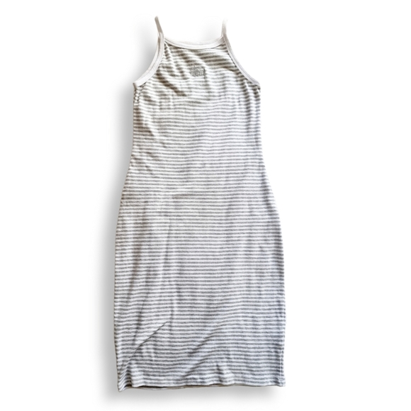 Stussy, grey + white horizontal stripe, high neck, knee-length shirt dress AU 10 - Picture 5 of 6